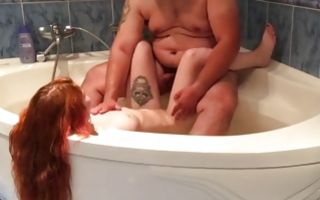 Teen babe stripping naked in front of a fat dude and fucking in bathroom